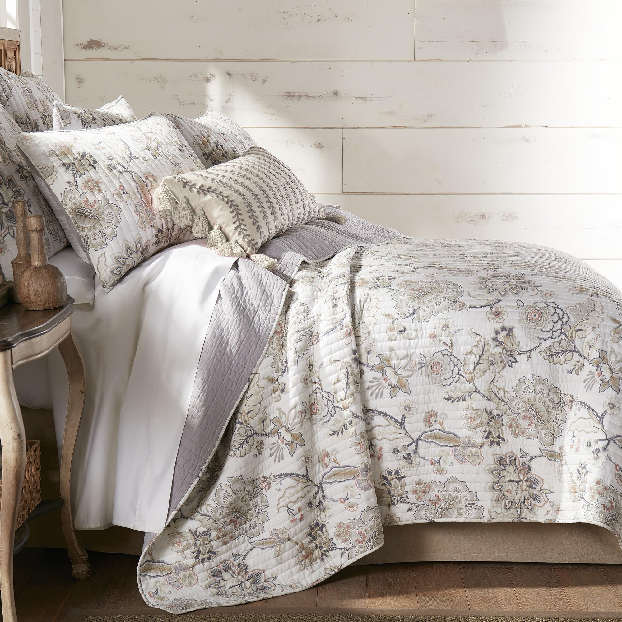 Levtex Home - Ophelia Quilt Set - King Quilt and Two King Shams - Floral - Taupe Grey Cream Blush - Quilt (106x96in.) and Shams (20x36in.) - Reversible - Rayon/Cotton