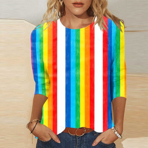Long Sleeve Top for Women Classic Vertical Rainbow Stripes Print Crewneck Lightweight Breathable Fabric Casual Modern Stylish Workwear Relaxed Fit Shirt