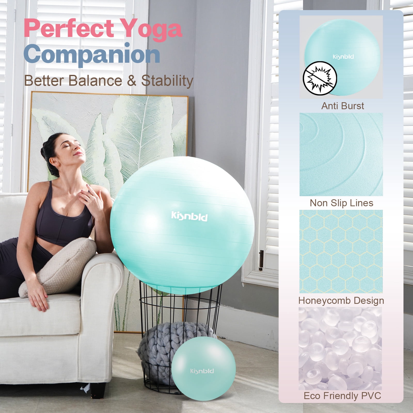 kisnbld Exercise Ball, Extra Thick Yoga Ball with Pilates Bal & Foot Pump, 3 Sizes Anti-Burst Home, Gym & Office Workout Equipment for Yoga or Sitting