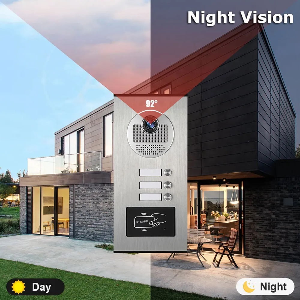 3-Unit Wired Video Apartment Intercom System with 7-Inch Monitors, Indoor/Outdoor Video Doorbell, ID Card Unlock, and Two-Way Audio