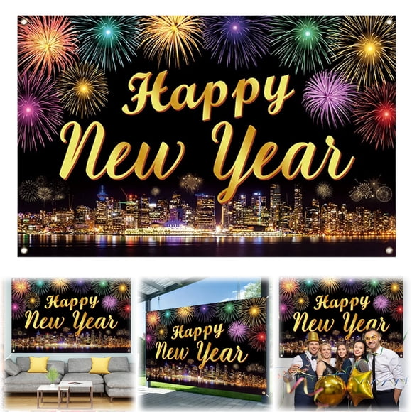 Happy New Year Background Banner City Theme Decor, Countdown Celebration Wall Hanging for New Year's Party, Home, and Event Decor – Vibrant and Festive Design