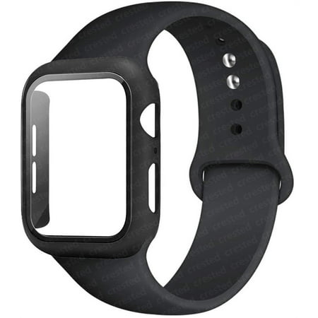 Case+Strap for Apple Watch Bands 40mm 44mm 38mm 42mm,Silicone Smartwatch Strap Wrist Band and PC Screen Protector Cover iWatch 3 4 5 6 SE Wristbands - Black