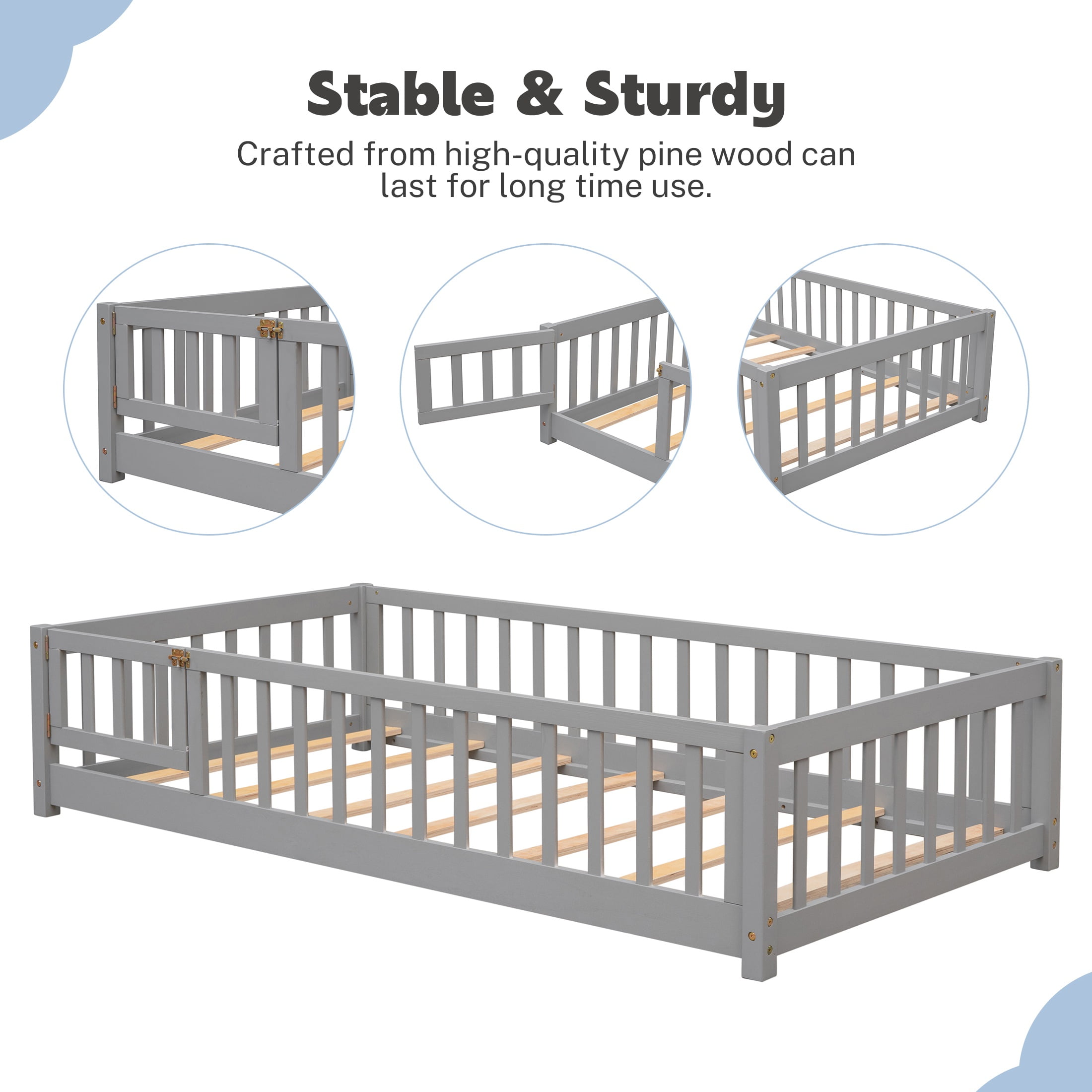 PAPROOS Twin Montessor Floor Bed, Solid Wood Toddler Bed with Safety Guardrail and Door, Easy Assembly, Low-to-Floor Bed Frame with Slats for Kids, Gray