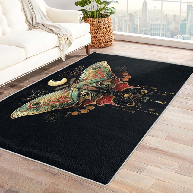 Moth Rugs for Bedroom - 4x6 Rug - Moth Rug - Aesthetic Butterfly Area Rug - Moon Vintage Rugs - Retro Black Carpet