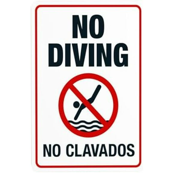 No Diving Sign, Bilingual English Spanish Warning Sign, Pool Security Metal Signs for Home Busines Outdoor Indoor Road Yard Garage Street Wall Caution Decor 8 x 12 Inch