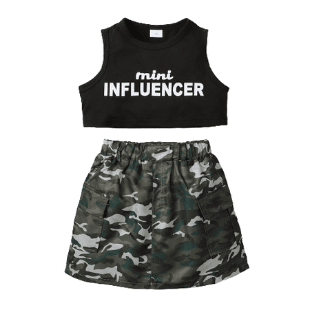 

Mikrdoo Baby Girls Outfits Letter Print Summer Sleeveless Tops Camouflage Skirts 2Pcs Clothes Set Pink 4-5 Years