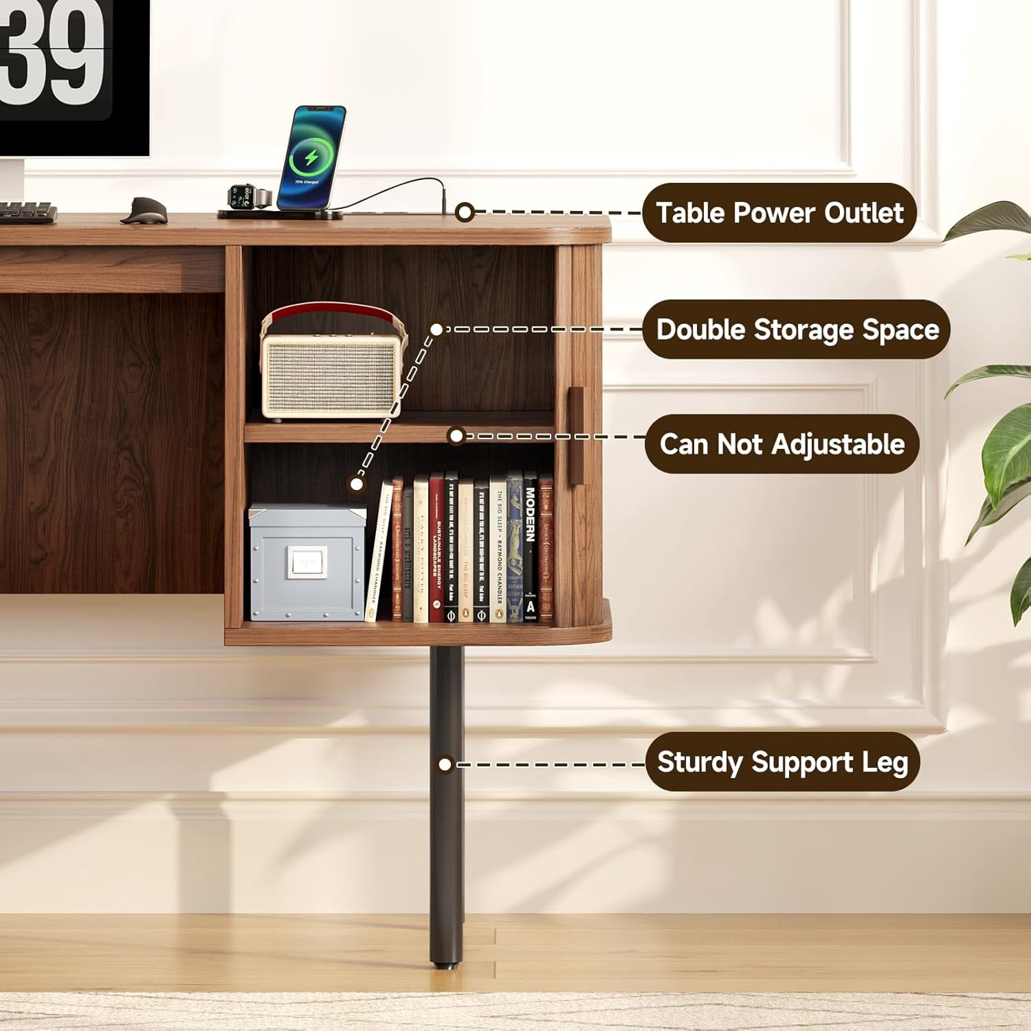ONBRILL 63 Inch Fluted Computer Desk with Charging Station, Mid Century Executive Desk with 2 Storage Cabinets, Modern Home Office Large Desk with Metal Legs for Working, Studying, Writing, Walnut