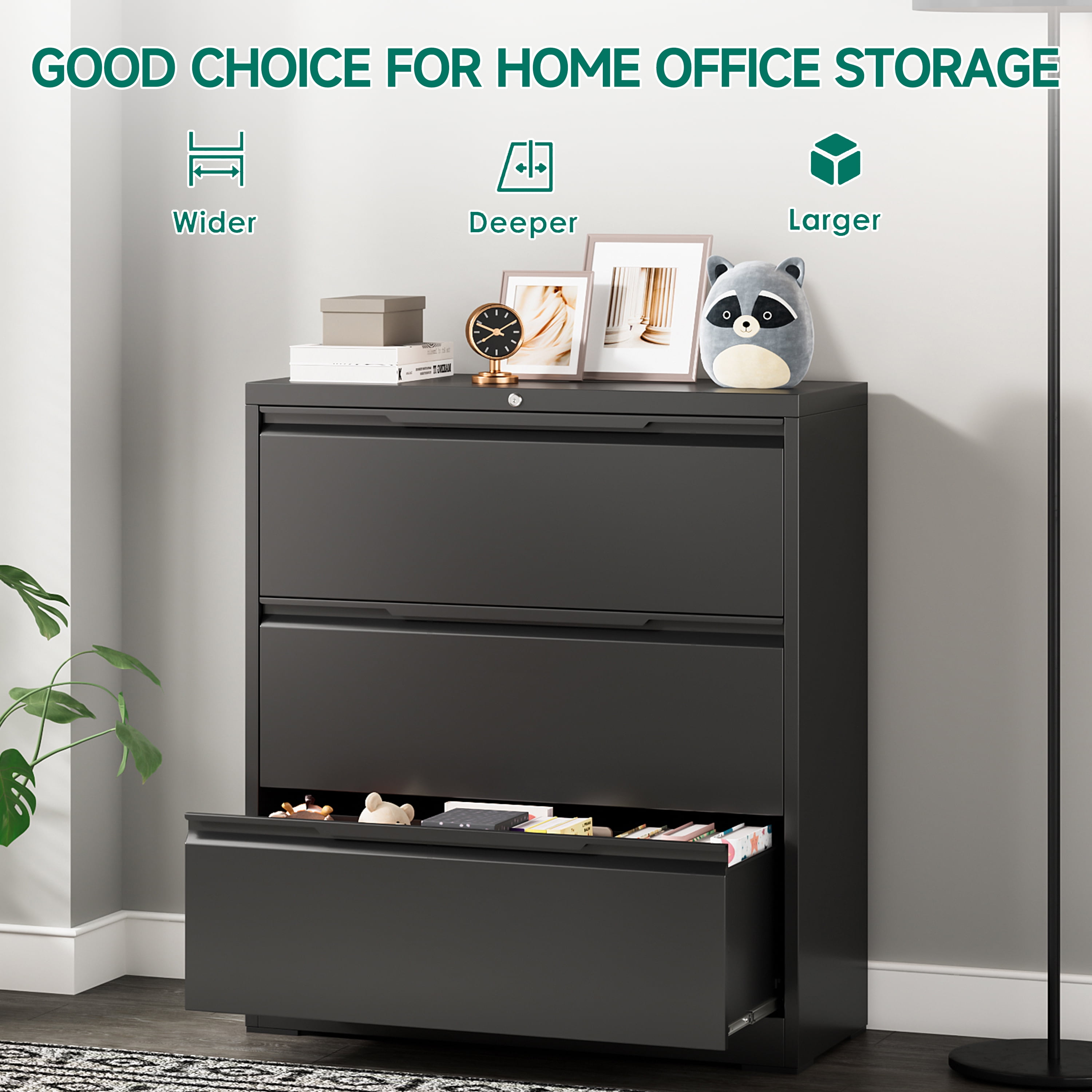 Kooyon 3 Drawer Lateral File Cabinet with Lock, Metal Filing Cabinet for Home Office, Black, Fits Letter/Legal/A4-Assembly Required