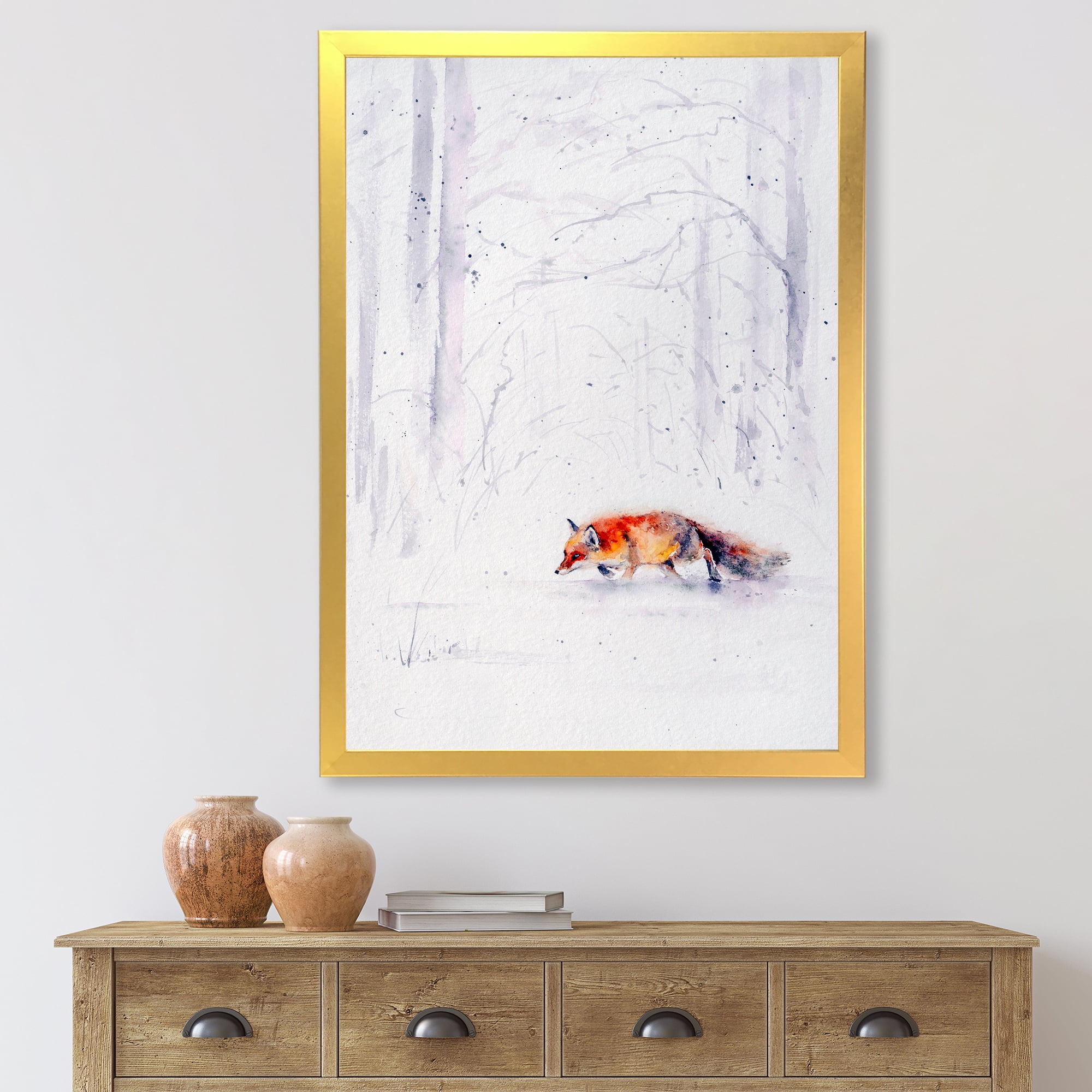 Designart 'Red Fox Running In White Snow in Countryside II' Farmhouse Framed Art Print