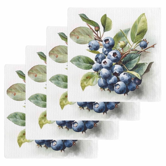 Blueberries Kitchen Dish Towels for Drying Dishes Set of 4, Farmhouse Blue Fruits Green Botanical Waffle Weave Microfiber Hand Tea Bathroom Towels Quick Dry & Absorbent Towel 12x12