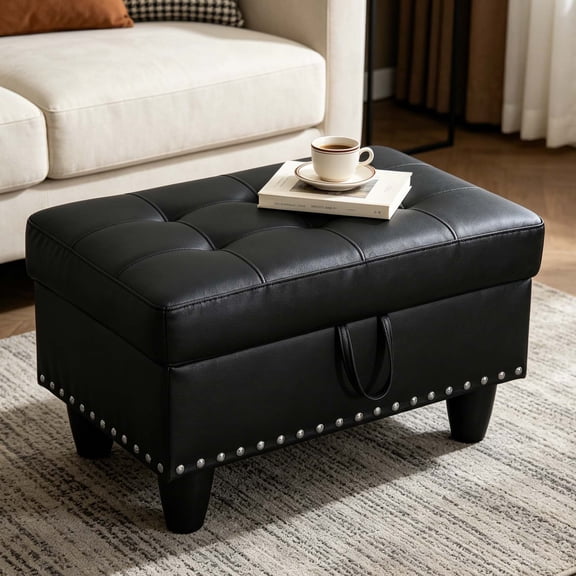Jiayuan song Modern Black Faux Leather Rectangular Storage Ottoman Large 1-Pack