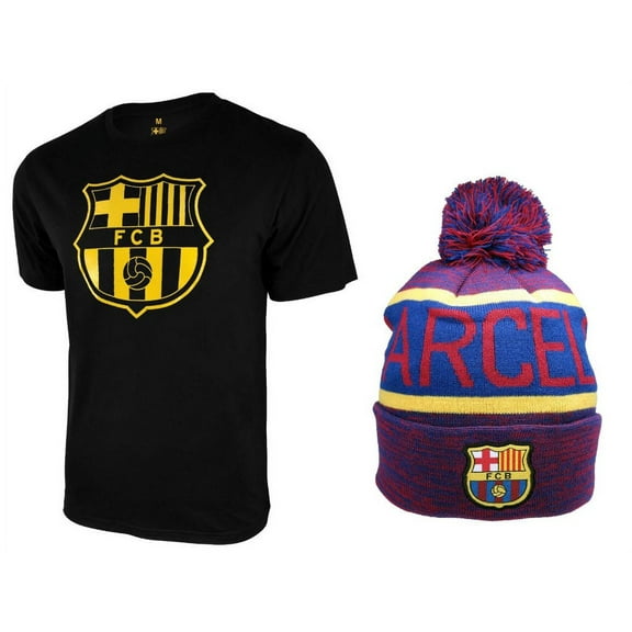 Icon Sports Men FC Barcelona Official Soccer T-Shirt and Beanie Combo 49 - Small