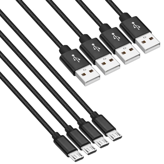 ROFAY 6' USB-A Male to Micro USB Male Cable, Black, 4 Count, 4 Pack
