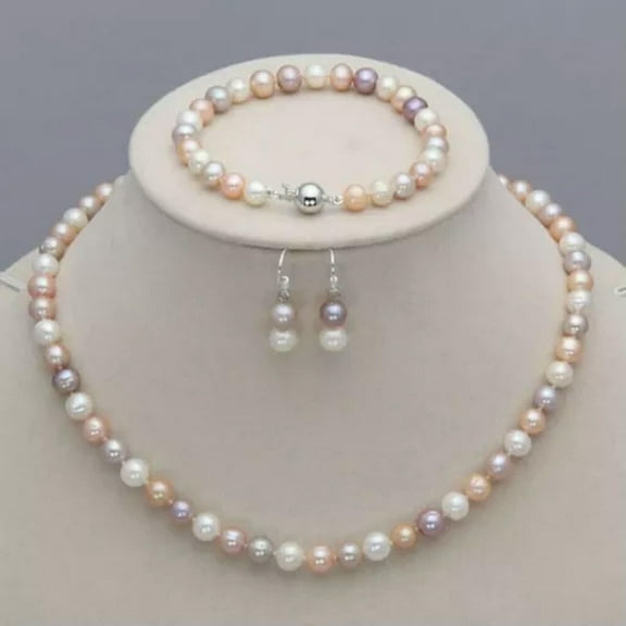 K-KED 7-8mm Real Natural Freshwater Pearl Necklace Bracelet Earrings Delicate Jewelry Set-Multicolor