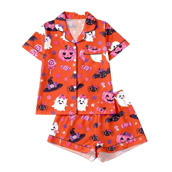HAYIMI Women's Fall Holiday Pajama Set Short Sleeve Button Front Shirt and Elastic Waist Shorts Pumpkin Printed Nightwear Comfort Homewear