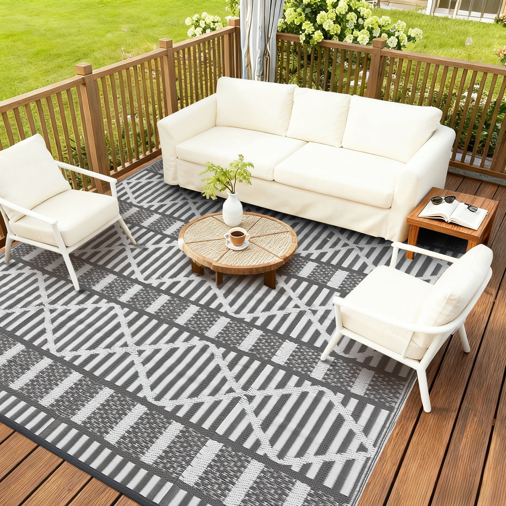 HIWEAVER 9' x 12' Gray/White Outdoor Rug PP Plastic Straw Woven Waterproof Patio Rug with Border Portable Outside Carpet for Balcony Deck Picnic Garden Decor