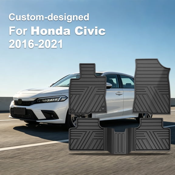 Custom Fit Rubber Car Floor Mats Fit for Honda Civic Sedan 2016-2021 & Hatchback 2017-2021 & Coupe 2016-2020, All Weather Custom Fit Anti-Slip Car Mats for Civic, 1st & 2nd Row, Black
