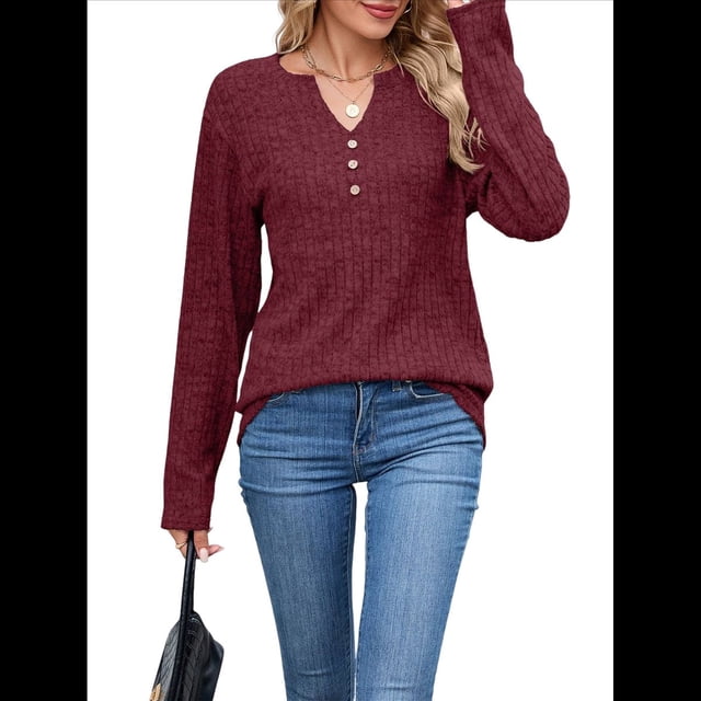 Camisas de Larga para Mujer, Suéteres Elegantes Informales con Botones y Cuello en V, Tops Tipo Jersey, Conjuntos de Otoño. Rojo Vino M