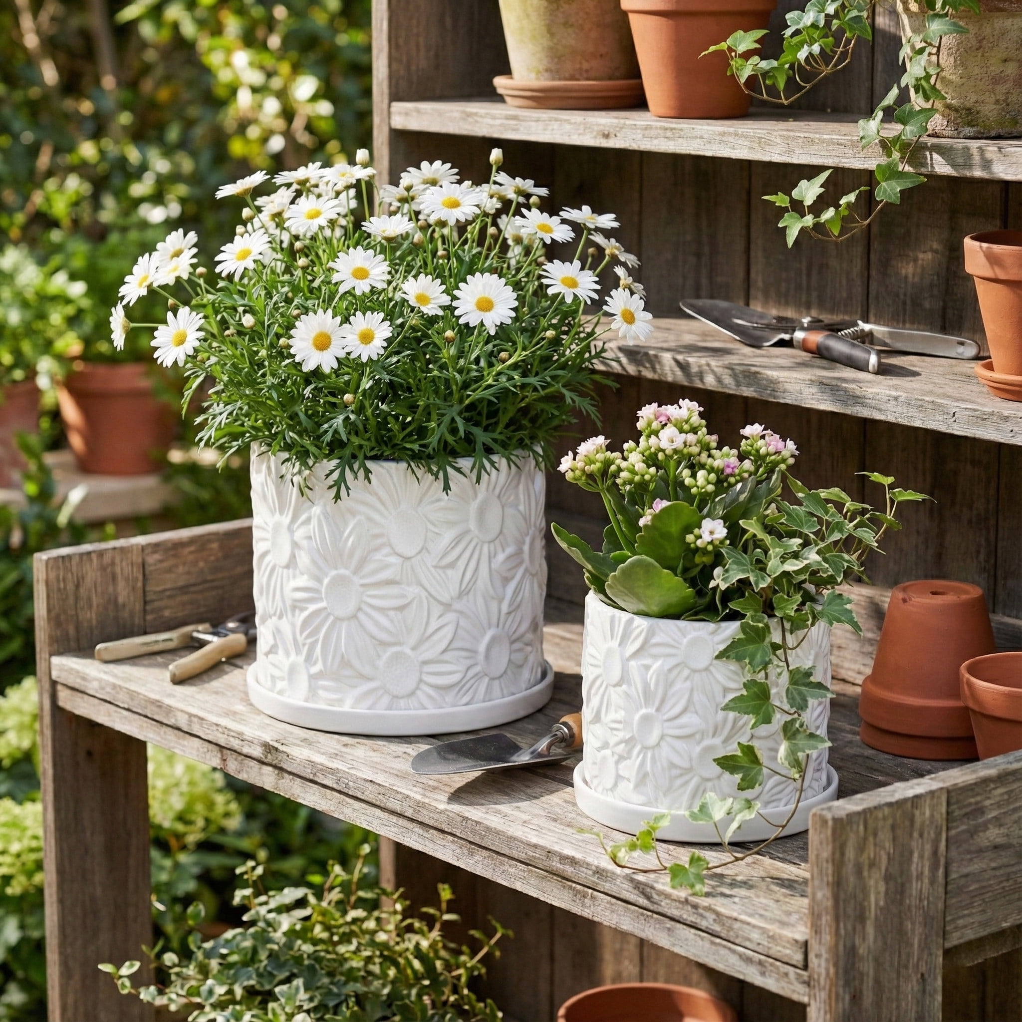 Ceramic Daisy Flower Pot Planter with Saucer for Home Decor - Decorative Plant Pots for Indoor and Outdoor Spaces - Garden Accent for Living Room, Patio, or Backyard - Set of 2, 7", 5", White
