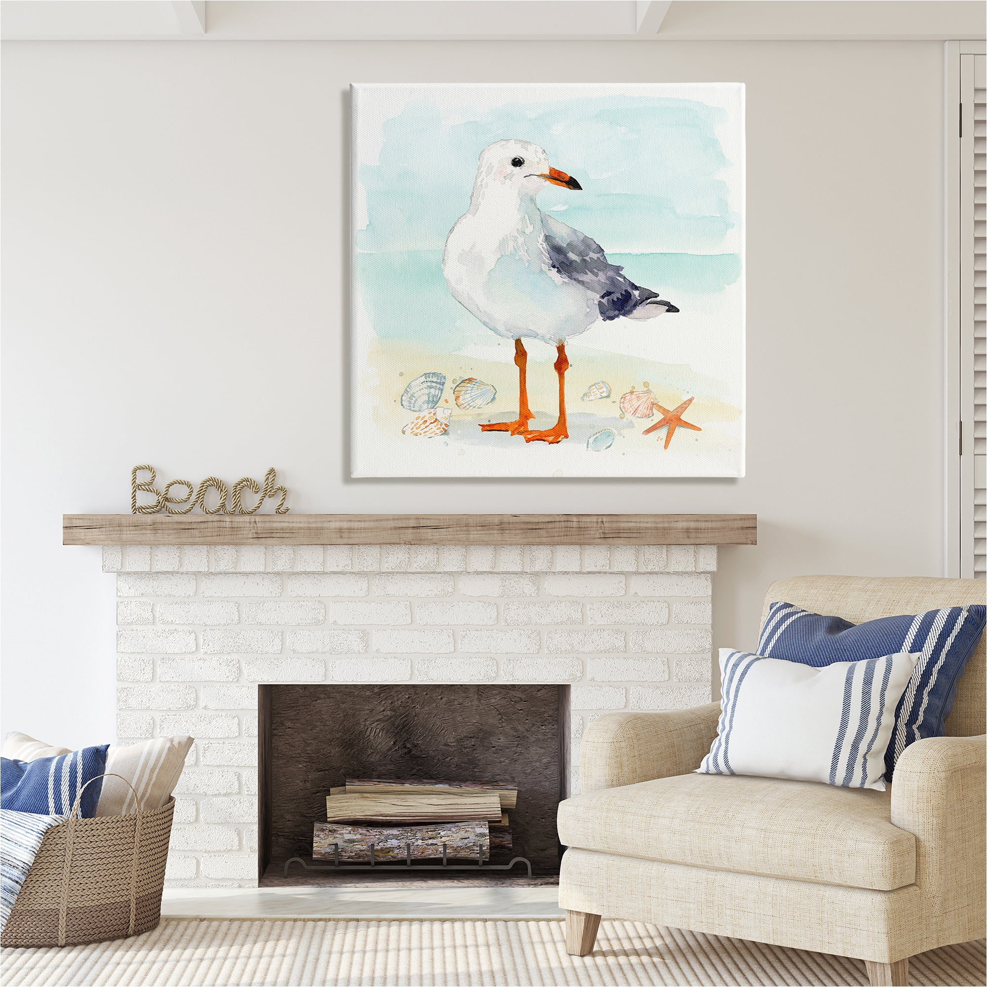 Stupell Industries Coastal Seagull & Shells Animals & Insects Painting Gallery Wrapped Canvas Art Print Wall Art, 36 x 36