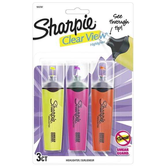 Sharpie Clear View Highlighters, 3-Pack, Yellow, Pink and Orange.pack of 2