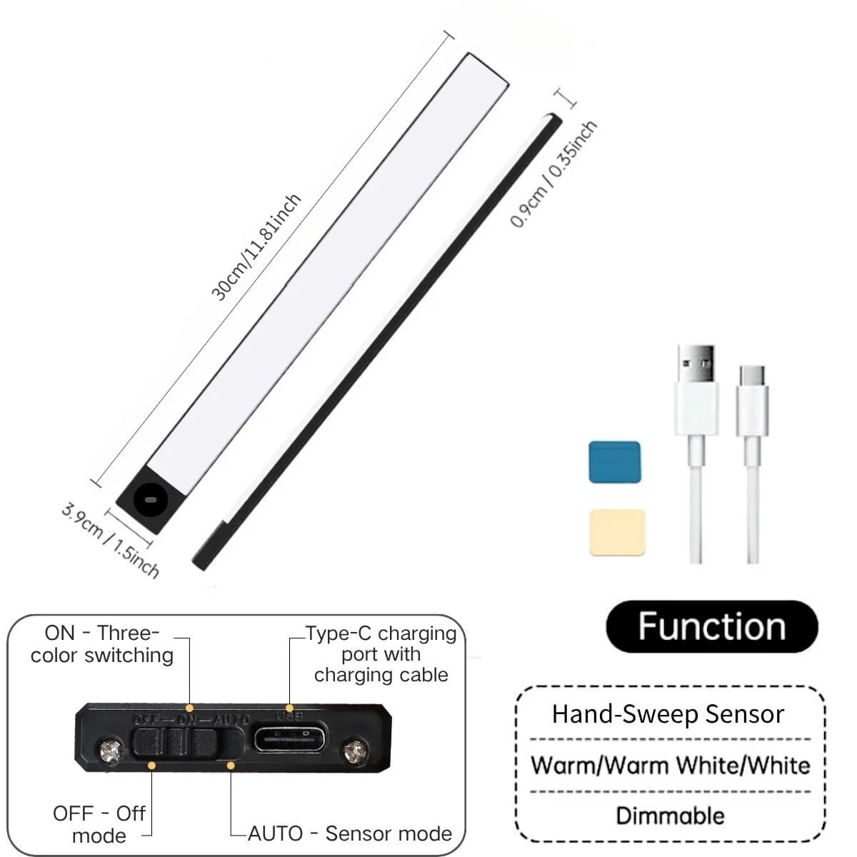 SpaceMuse LED Under Cabinet Lighting, Remote Control Motion Sensor Light Indoor, 3 Color Temperatures & Dimmable, Rechargeable Magnetic Under Counter Lights for Kitchen, Bedroom, Stairs Black
