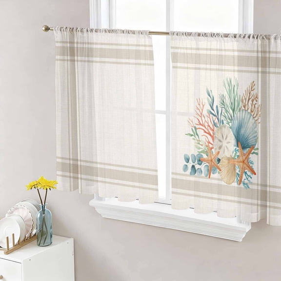 Summer Coastal Sheer Curtains 45 Inch Length 2 Panels Set Window Treatments, Nautical Beach Marine Life Beige Striped Rod Pocket Semi Curtains for Living Room/Bedroom/Kitchen Décor, 104"W x 45"L
