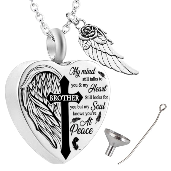 PWFE Memorial Urn Necklace Ash Holder Stainless Steel Heart Angel Wing Cremation Keepsake with Funnel(for Brother)