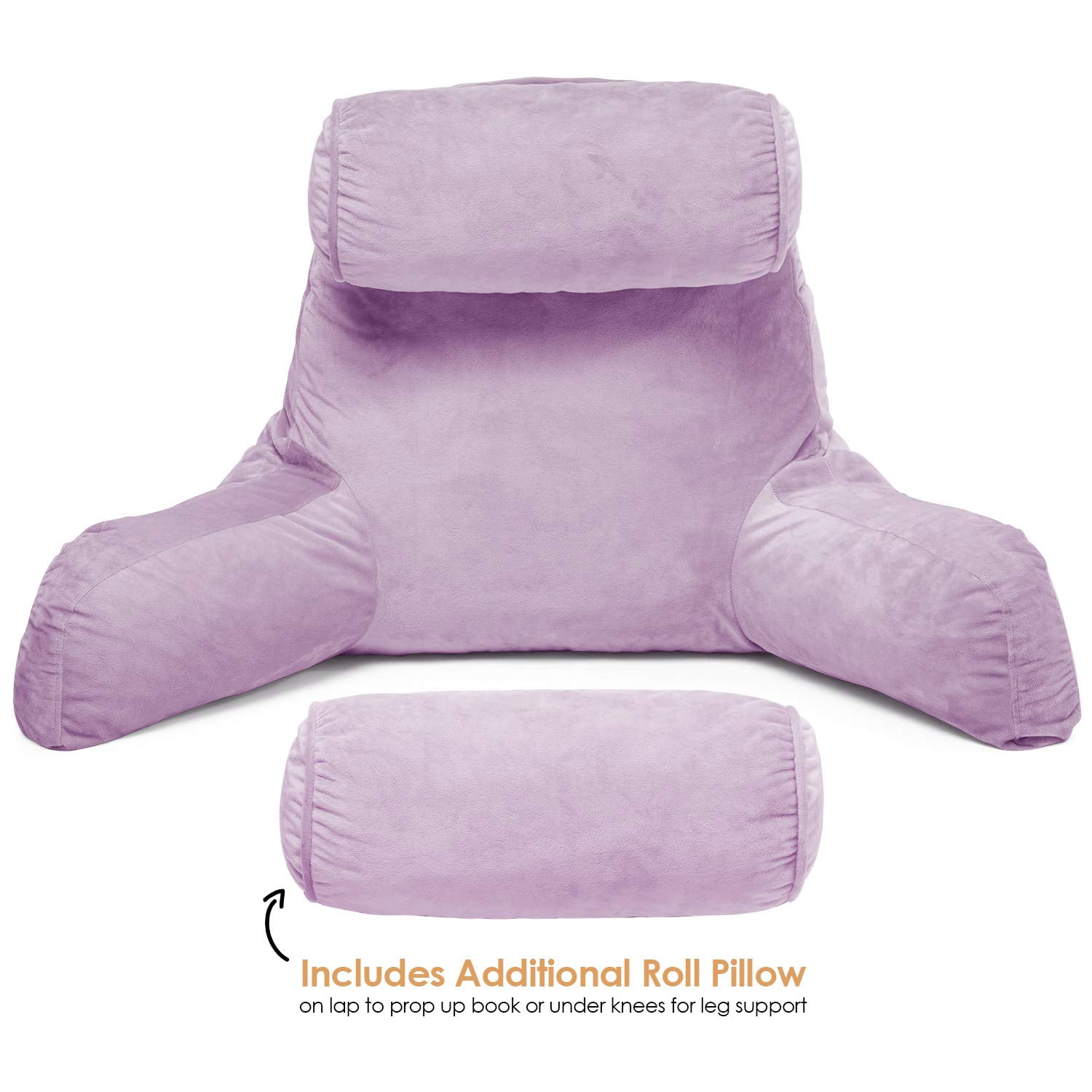 Clara Clark Bed Rest Reading Pillow with Arms and Pockets - Premium Shredded Memory Foam TV Pillow, Detachable Neck Roll & Lumbar Support Pillow, Large, Light Purple