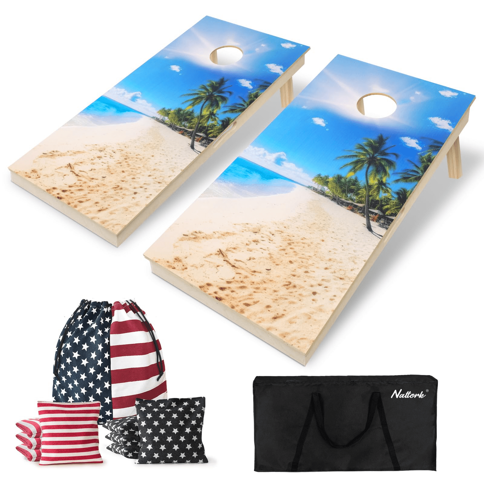 Professional Cornhole Board Set 4x2 Regulation Size Cornhole Set with No Bounce & 8 Bean Bags Corn Hole Boards Bean Toss Game for Adults Outdoor Backyard Games - Beach Palm Tree