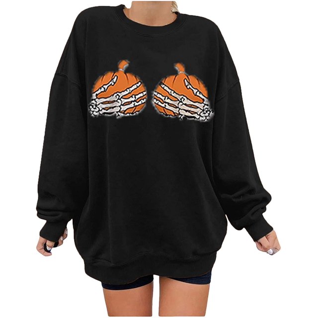 Sweatshirt pour Femmes, Pull Squelette Citrouille Mains Seins pour Halloween