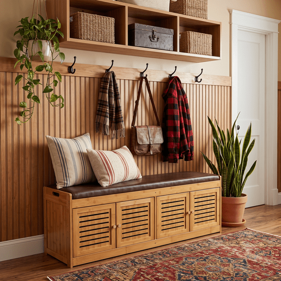 WUSCASA Bamboo Entryway Bench, 46" Low Storage Bench with Doors for Living Room, Bedroom, Hallway