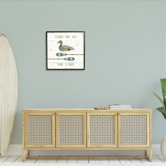 Stupell Industries Take Me To Lake Typography Patterned Duck & Ores Graphic Art Black Framed Art Print Wall Art, Design by Daphne Brissonnet