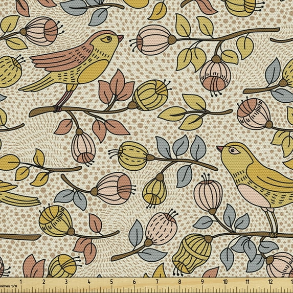 Spring Upholstery Fabric by the Yard, Doodle Style Flourishing Flowers on Branches and Perching Birds on Spotted Backdrop, Decorative Fabric for DIY and Home Accents, 10 Yards, Multicolor by Ambesonne