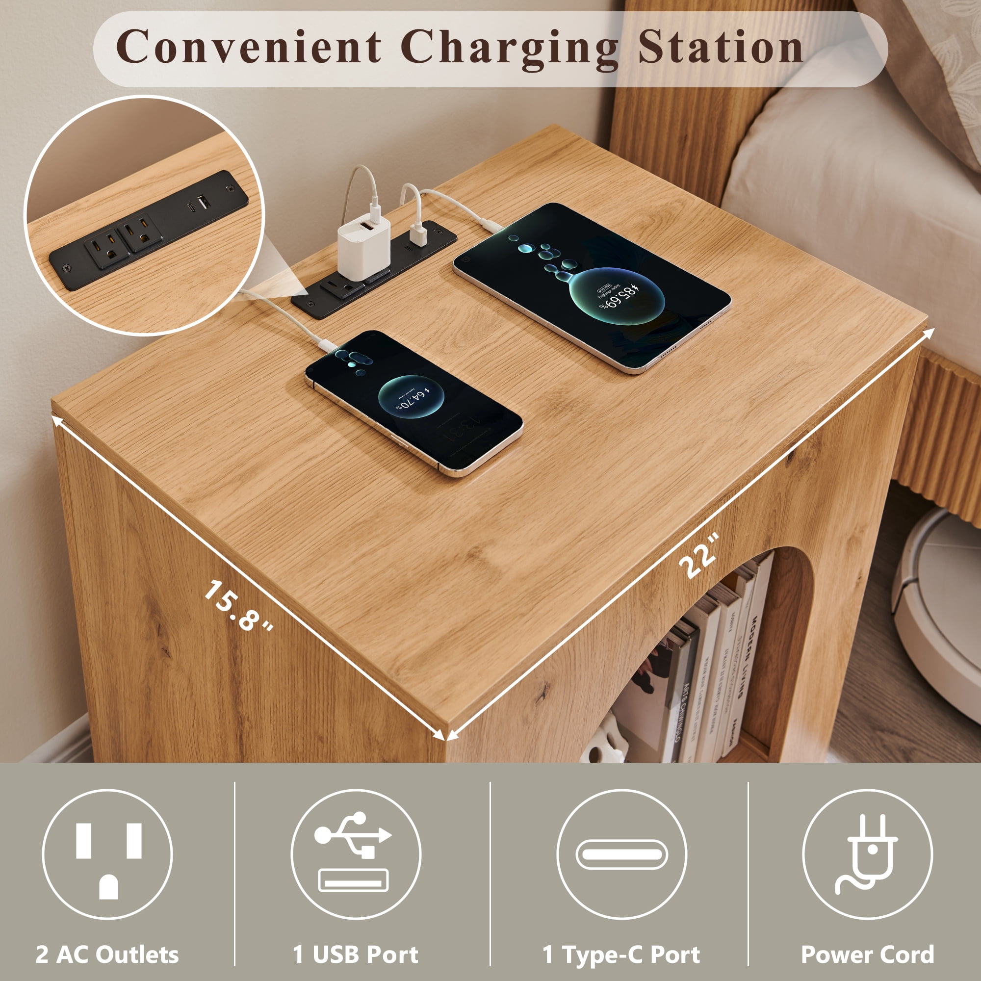 SinCiDo Modern Arched Nightstands Set of 2 with Charging Station, Bedside Table with Open Shelf Storage for Bedroom, Living Room