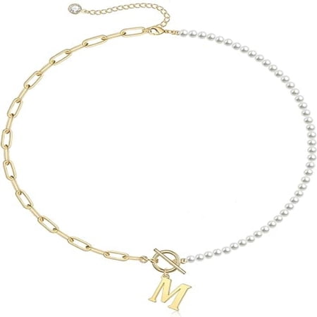 HESHPAWS Gold Initial Pearl Necklace for Women, 14K Gold Plated Paperclip Link Chain Necklace Initial Pendant Necklaces A-Z English alphabet necklace Jewelry gifts