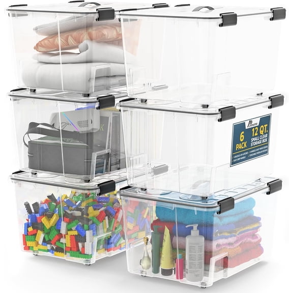 Lifemaster 6-Piece Stackable Storage Box Set, 12 Qt – Clear Bins with Secure Latches, Wheels & Pull-Out Base for Multi-Purpose Home Organization