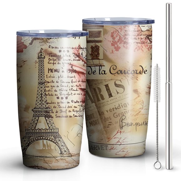 Tour de Fer Vintage 20oz Gobelet en Acier Inoxydable Double Paroi Isolée sous Vide Tasse de Voyage pour Femme Maman Fille Sœur Ami Collègue, Pailles et Brosse en Métal