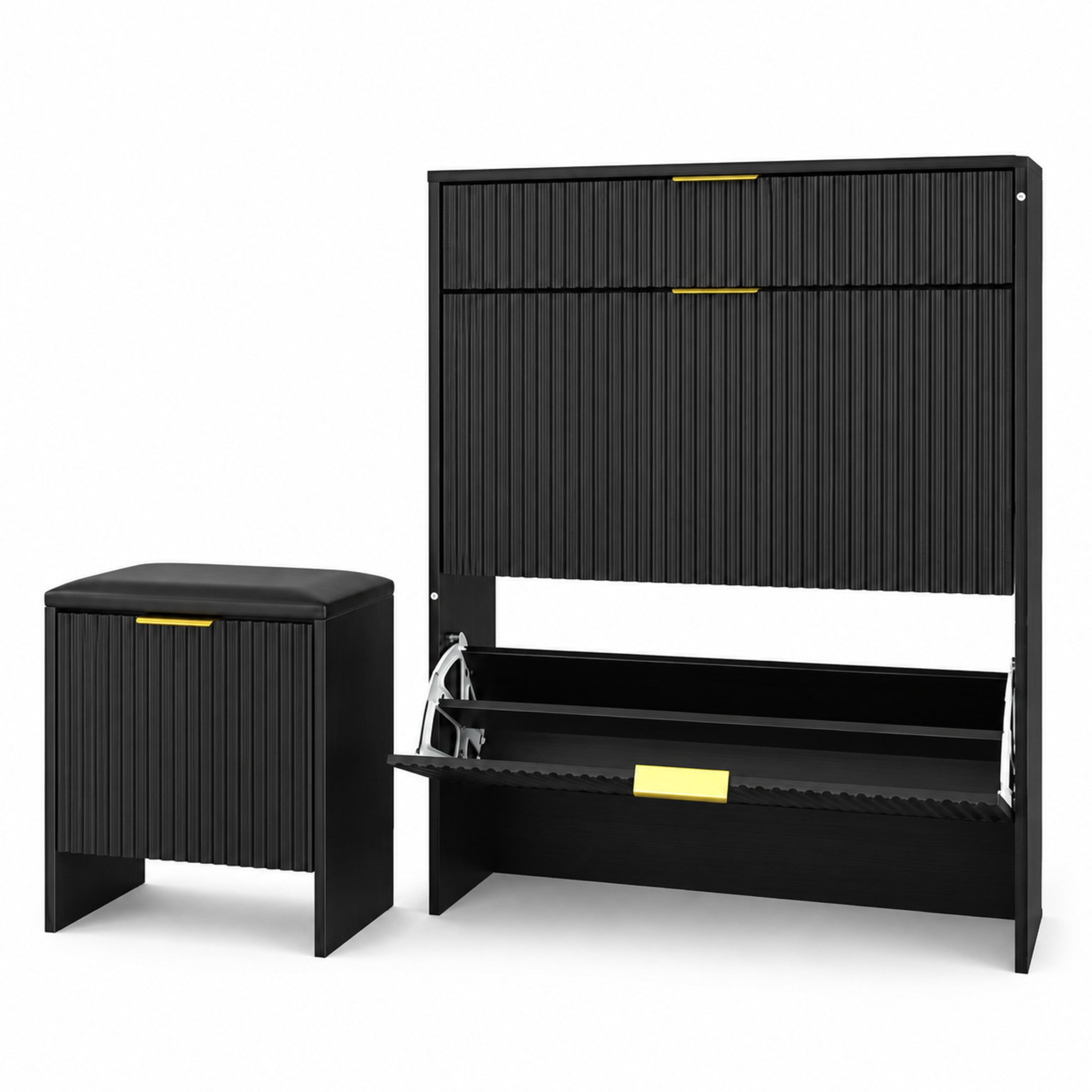 GDF Studio Solus Fluted Black Shoe Storage Cabinet Set with Padded Bench & Gold Pulls, Slim Hallway Organizer, Black