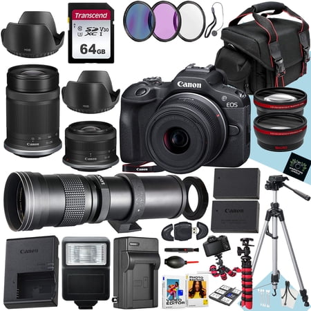 Canon EOS R100 Mirrorless Camera With RF-S 18-45mm f/4.5-6.3 IS STM RF-S 55-210mm f/5-7.1 IS STM And 420-800mm Lens + 64 GB Memory + Filters + More (37pc Bundle)