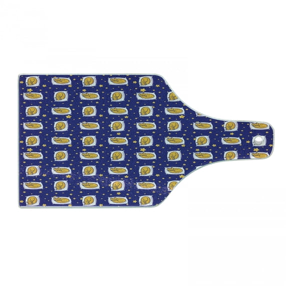 Cats Cutting Board, Sleeping Cats on Pillows in Starry Night Dreams Composition, Decorative Tempered Glass Cutting and Serving Board, Wine Bottle Shape, Earth Yellow Royal Blue, by Ambesonne