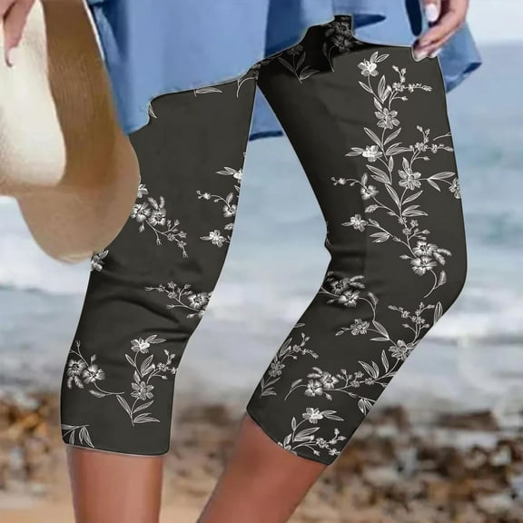 Womens Capris for Summer Womens Athletic Cropped Pants Floral Printing Casual Elastic Waist Beach Pants Lightweight Capris for Women