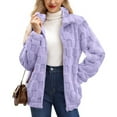 thumbnail image 5 of Women's Jacquard Check Plush Jacket, Stand Collar Full Zip Front, Loose Fit Fleece Coat, Long Sleeve Casual Outerwear, Soft Textured Winter Style Light Violet L, 5 of 6