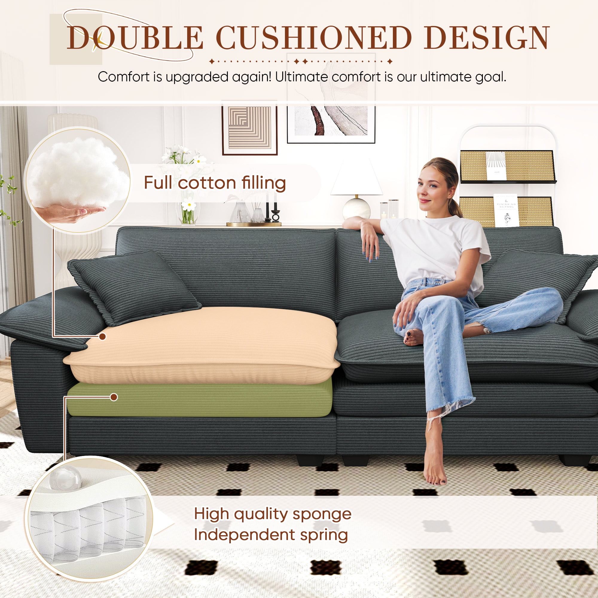 Lunale 80.5" Oversized 2 Seater Corduroy Sofa, Deep Seat Sleeper Cloud Couch for Living Room, Gray