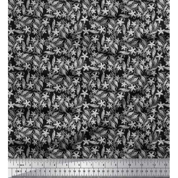 Soimoi Crepe Silk Fabric Leaves & Floral Block Fabric Prints by Yard 42 Inch Wide