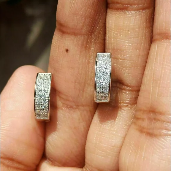1.00Ct Round VVS1 Real Moissanite Huggie Hoop Earrings In 14K White Gold Plated