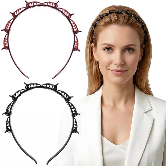 TUWAFE 2Pcs Headband with Clips for Women,Double Layer Bangs Hair Clip Hairpin Headband with Teeth,Braided Headbands Accessories for Daily,Parties,Festivals Hairstyling-Brown