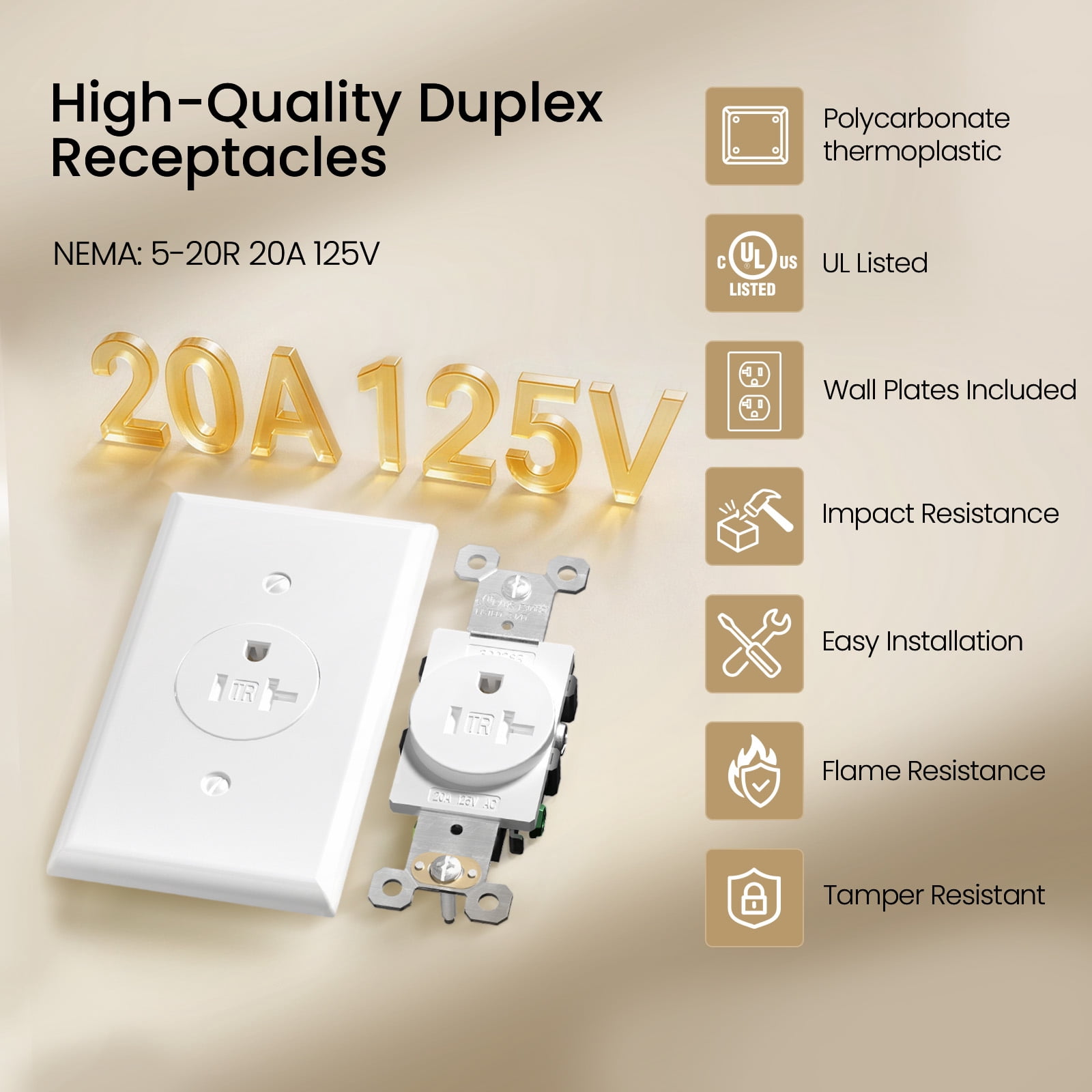 ELEGRP Single Receptacle 2-Pole 3-Wire Grounding Tamper-Resistant 20A 125V NEMA 5-20R White 10 Pack