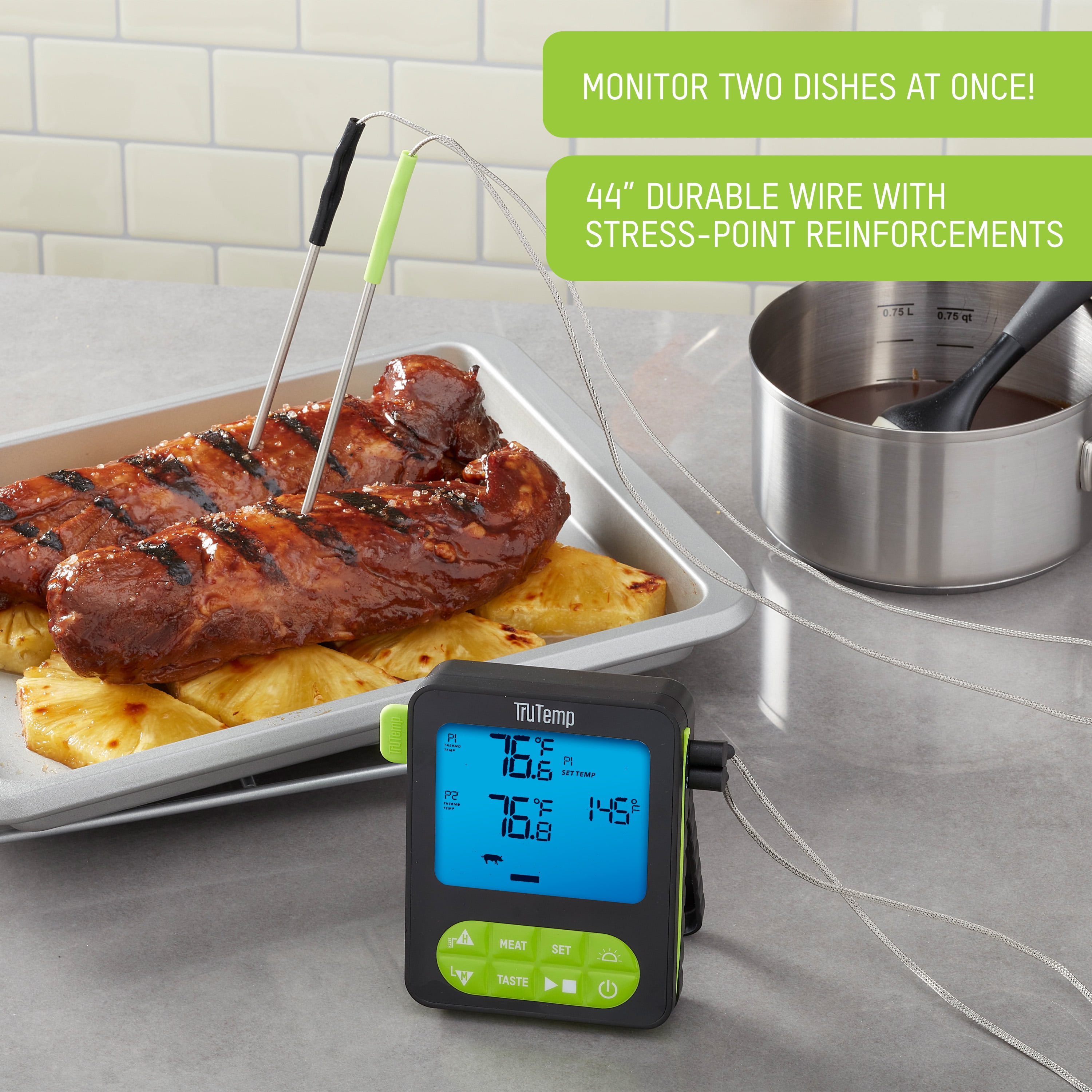 TruTemp Digital Dual Probe Programmable Meat Thermometer for Grilling, Smoking, & Cooking, Green
