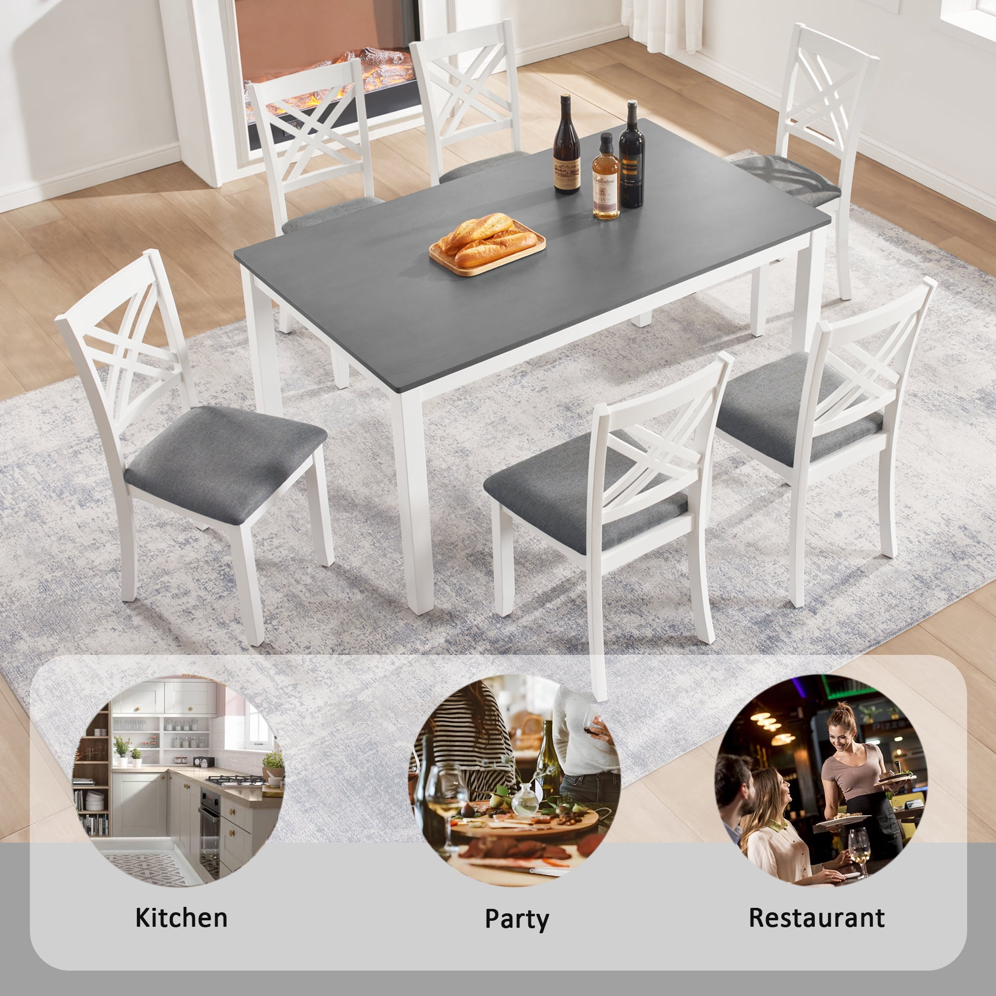 7 Piece Dining Set for 6, 58.5" Rectangular Dining Table with 6 Upholstered Chairs